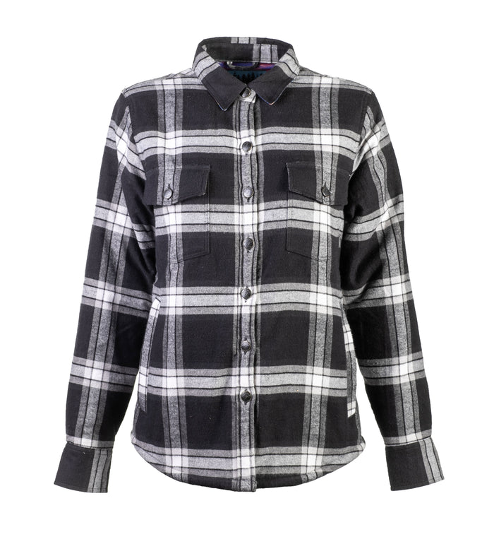 Pladra Women's Northwood Sherpa Insulated Flannel Jacket in RP Onyx Black with two chest pockets on white background.