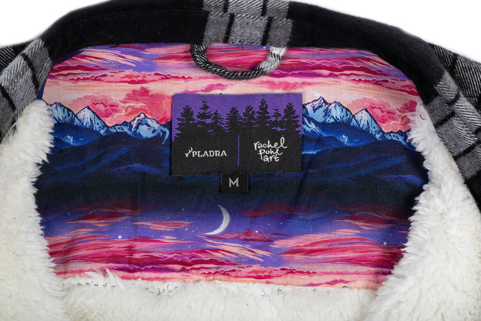 Pladra Women's Northwood Sherpa Insulated Flannel Jacket - RP Onyx Black with Rachel Pohl mountain sunset lining.