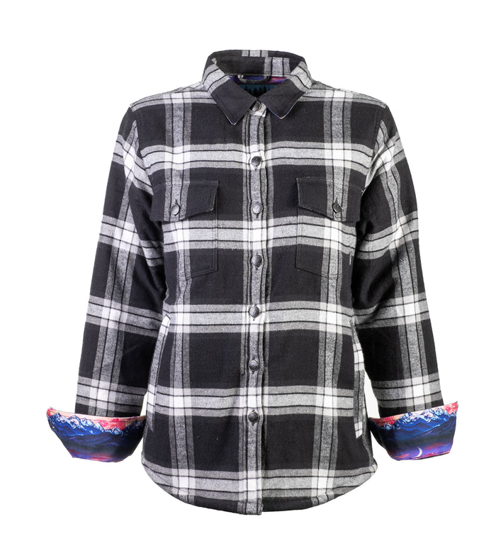 Pladra Women's Northwood Sherpa Insulated Flannel Jacket in RP Onyx Black, with chest pockets, on a white background.