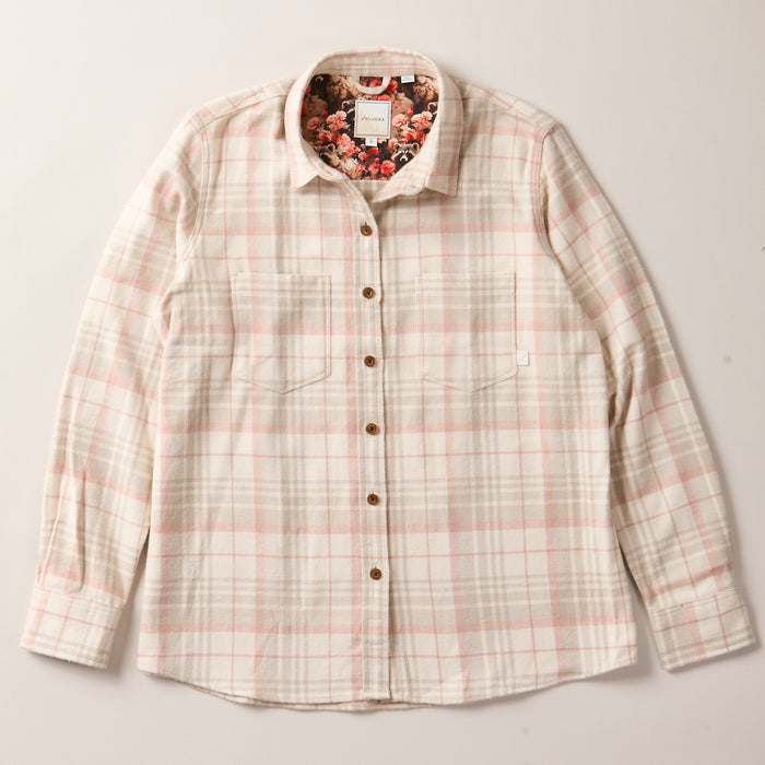 The Women's Relaxed Every Day Elite Flannel Shirt in Lighthouse White is a relaxed fit, long-sleeve button-up made from heavyweight brushed Portuguese cotton flannel, featuring two chest pockets and floral collar lining.