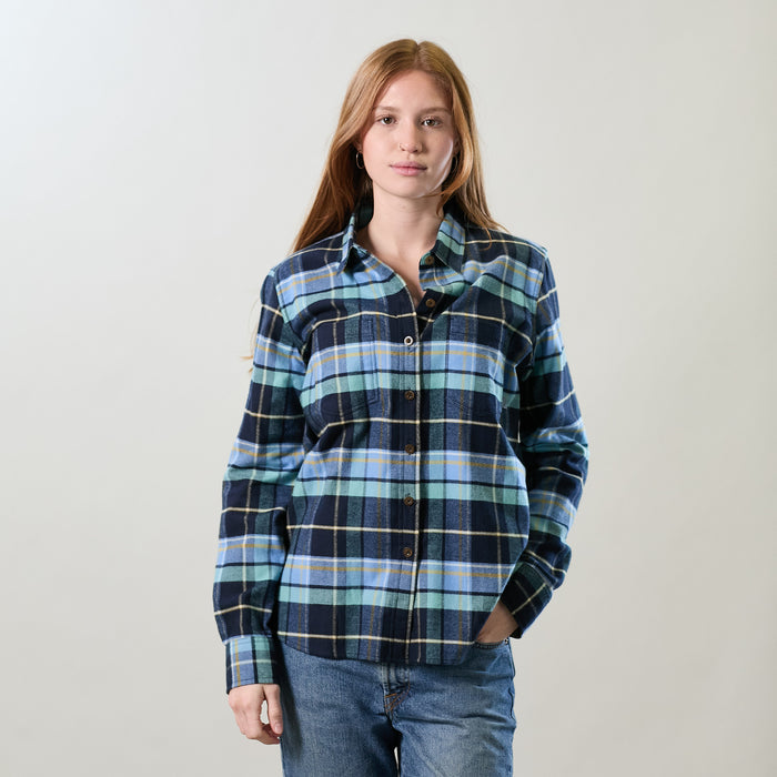 Women's Relaxed Every Day Flannel Shirt in Bay Blue, a blue and green Portuguese cotton plaid, worn with blue jeans.