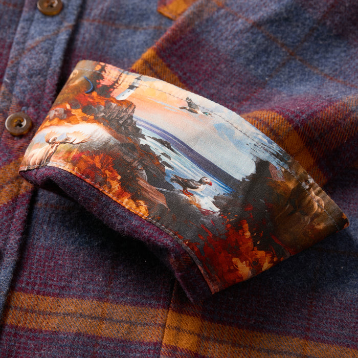 Pladra Women's Relaxed Every Day Flannel Shirt in Portsmouth Blue Heather—Portuguese cotton with scenic print lining.