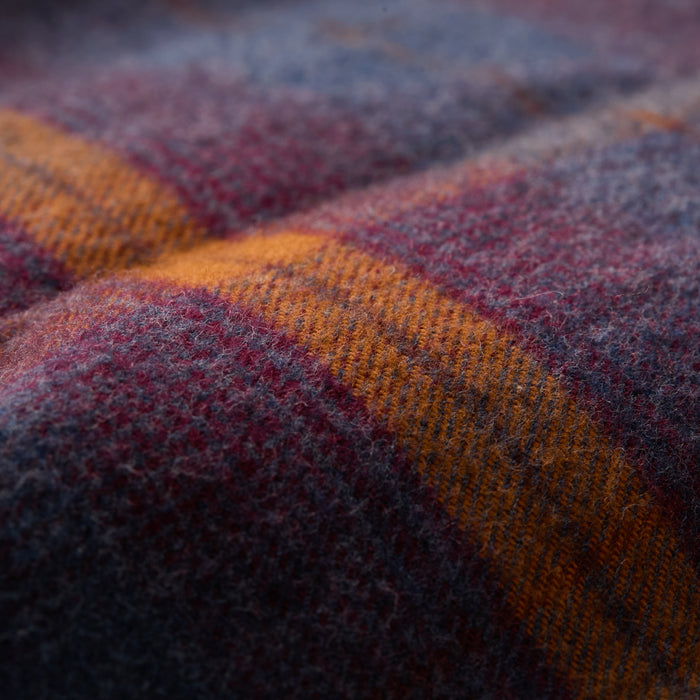 Close-up of Pladra Women's Relaxed Every Day Flannel Shirt in Portsmouth Blue Heather plaid cotton fabric.