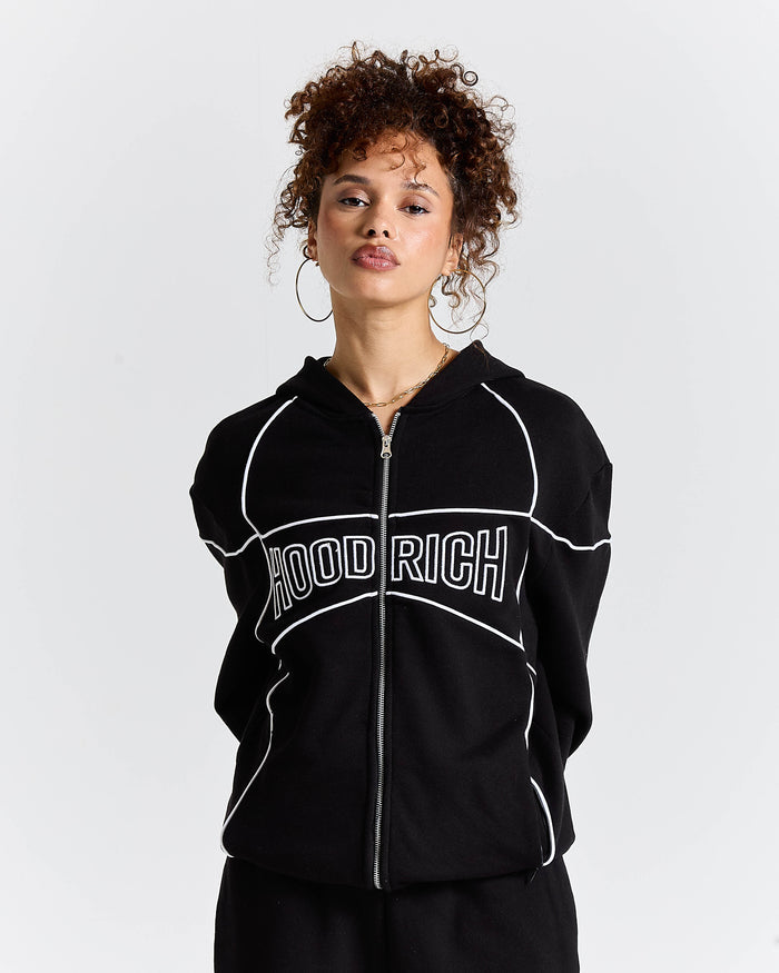 Person wearing a black hoodie with 'HOOD RICH' text on a white background