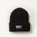 Pladra Woodsman Heavyweight Cuff Beanie in black; classic fit, folded brim, mountain patch; made in USA.
