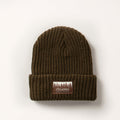 Pladra Woodsman Heavyweight Cuff Beanie in olive green with folded brim and tree patch on the front.