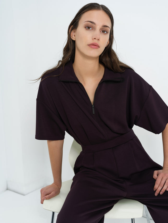 Wren Brown Half Zip Wide Leg Jumpsuit