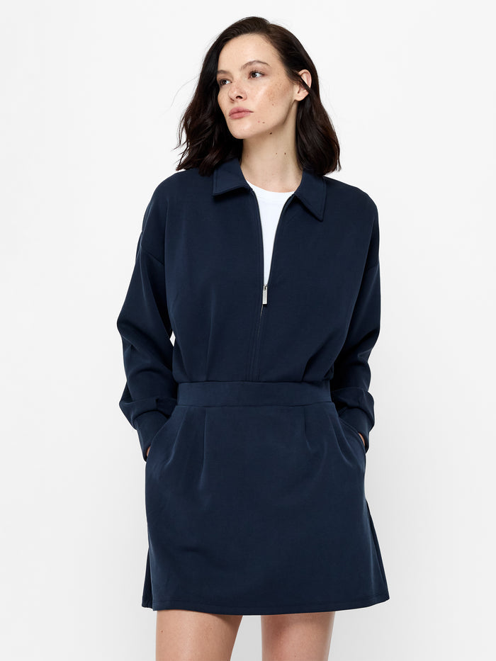 Wren Navy Jersey Half Zip Mini Dress