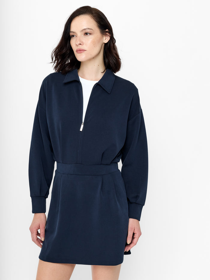 Wren Navy Jersey Half Zip Mini Dress