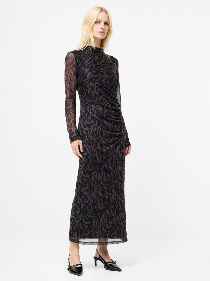 Zaria Black Abstract Mesh Ruched Maxi Dress