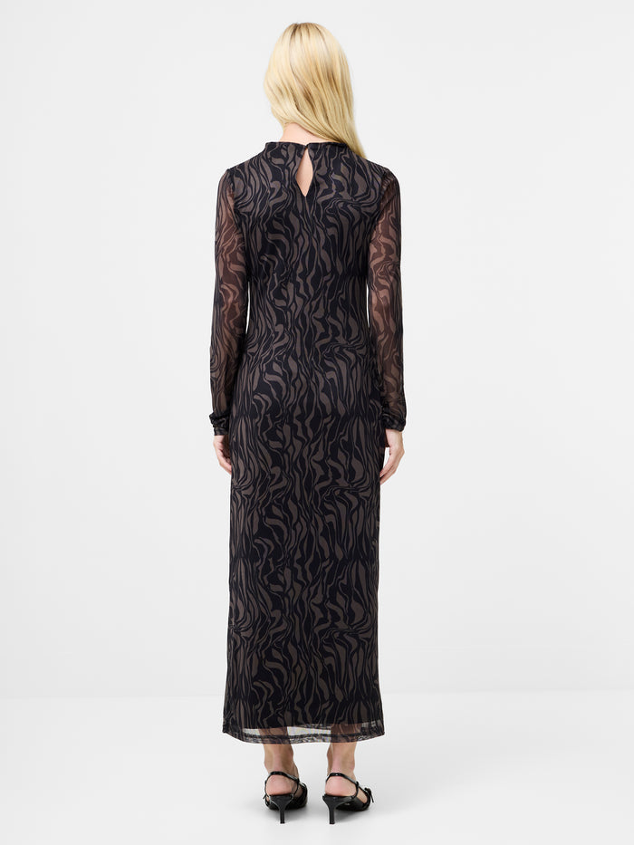 Zaria Black Abstract Mesh Ruched Maxi Dress