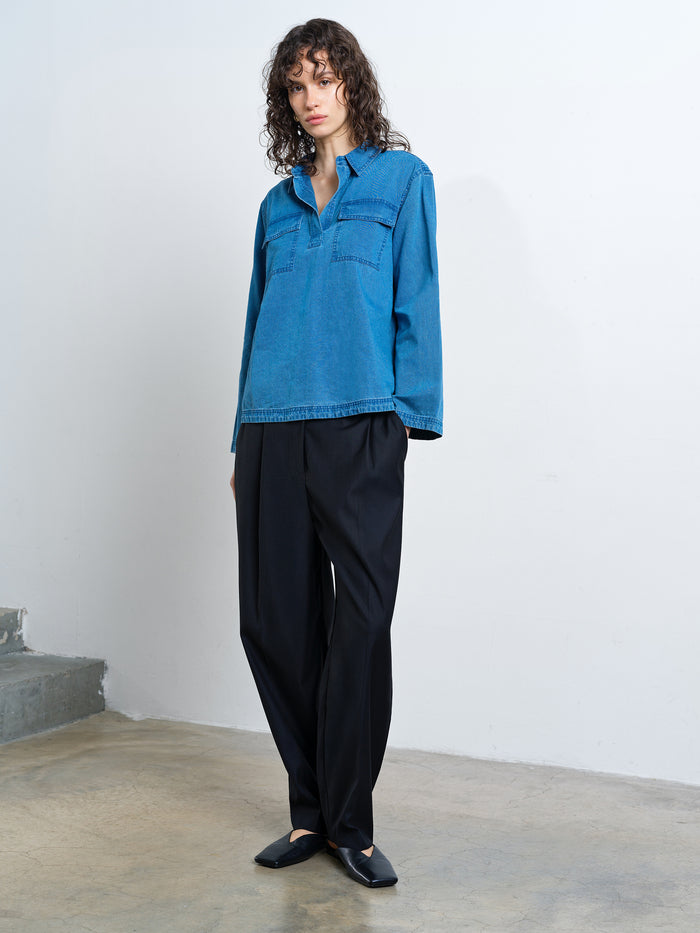 Zaves Chambray Denim Blue Pocket Popover Shirt