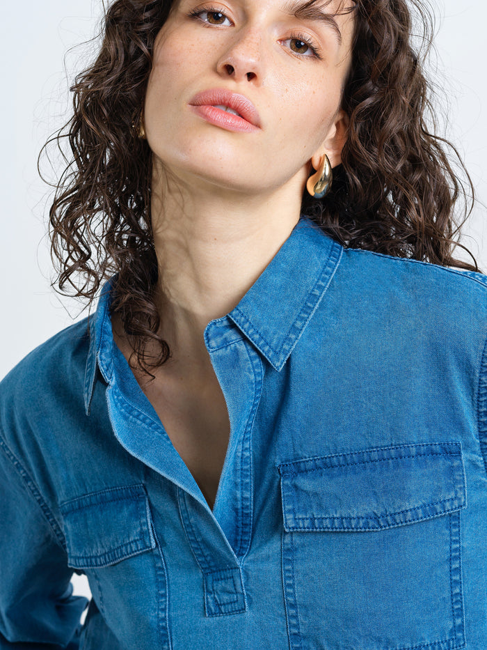 Zaves Chambray Denim Blue Pocket Popover Shirt