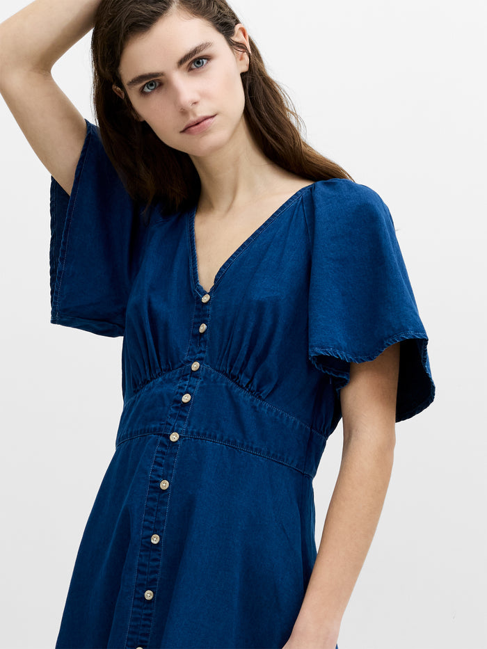 Zaves Chambray Navy Blue Flutter Sleeve Midi Dress