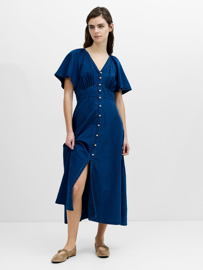 Zaves Chambray Navy Blue Flutter Sleeve Midi Dress