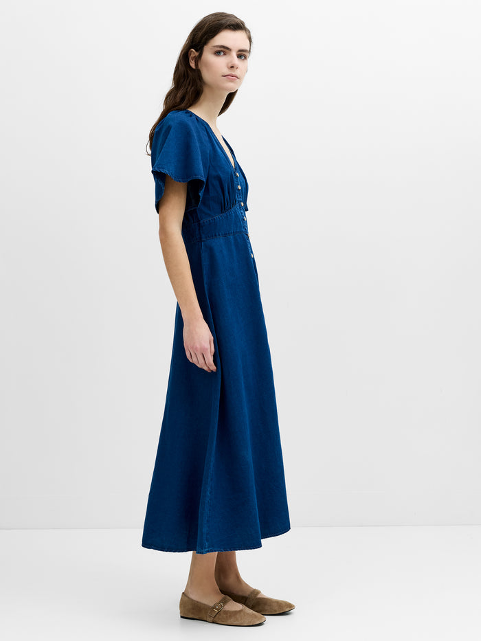 Zaves Chambray Navy Blue Flutter Sleeve Midi Dress