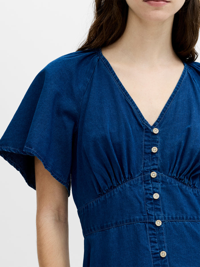 Zaves Chambray Navy Blue Flutter Sleeve Midi Dress