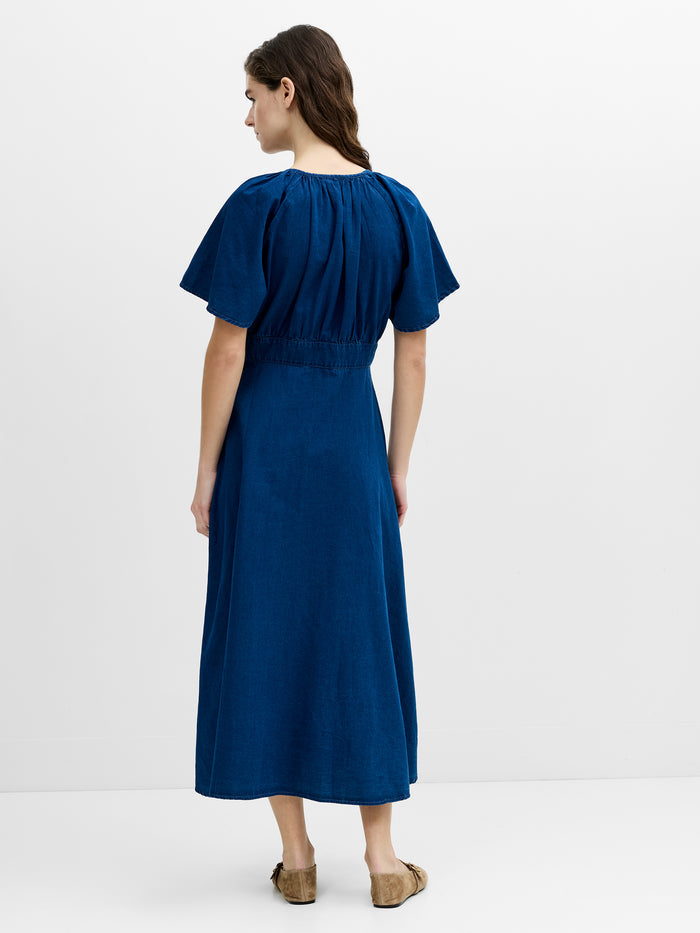 Zaves Chambray Navy Blue Flutter Sleeve Midi Dress