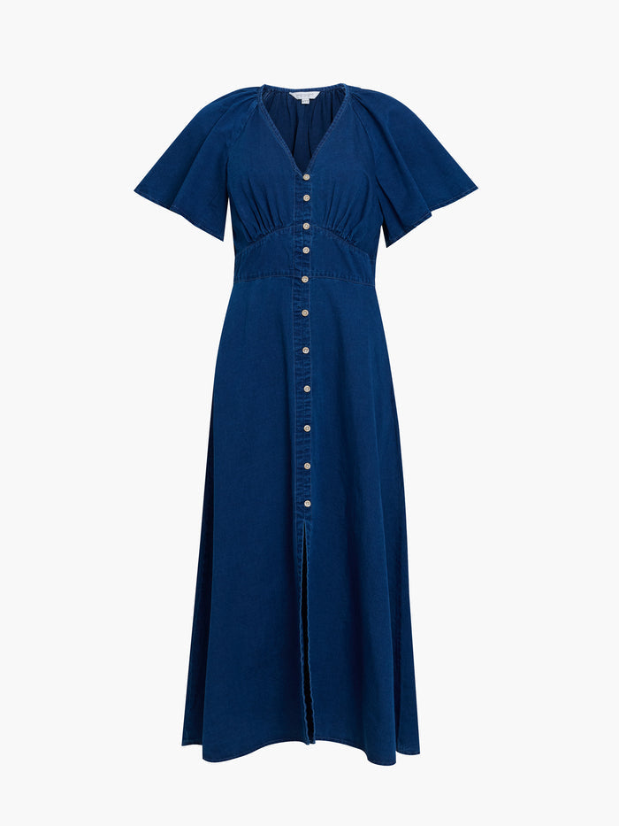 Zaves Chambray Navy Blue Flutter Sleeve Midi Dress