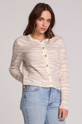 Front view of a woman wearing the Chaser   Zebra Dream Striped Cardigan on a neutral background