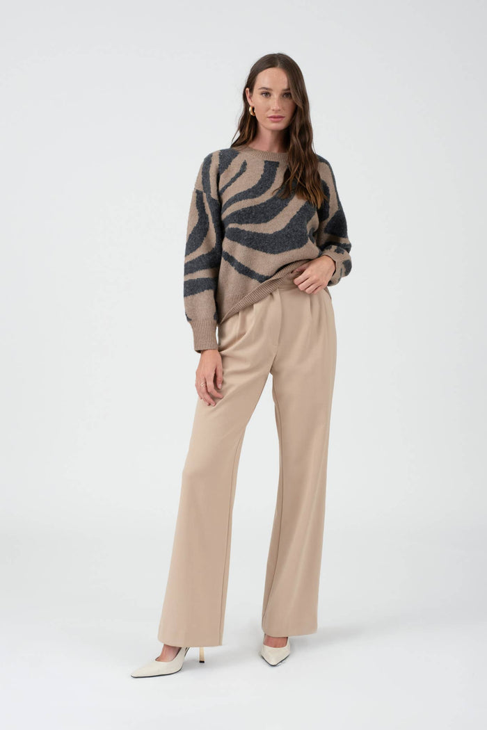 ZEBRA PRINT LONG SLEEVE KNIT SWEATER MOCHA