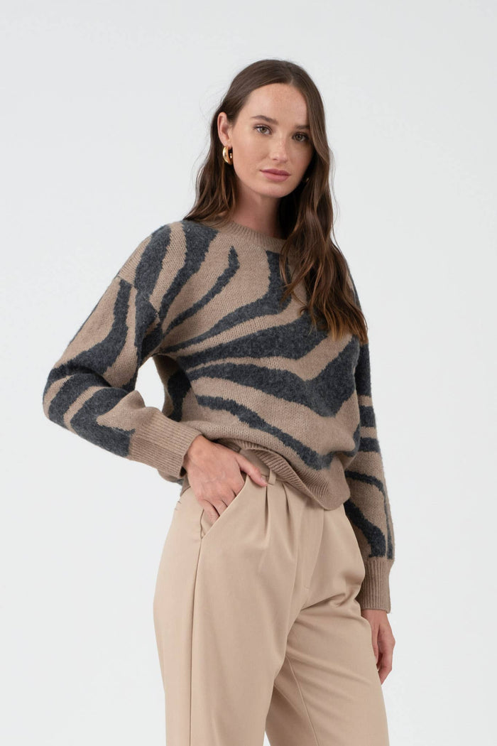 ZEBRA PRINT LONG SLEEVE KNIT SWEATER MOCHA