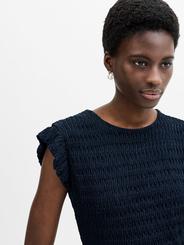 Zinnia Textured Frilled Cap Sleeve Navy Blue Top