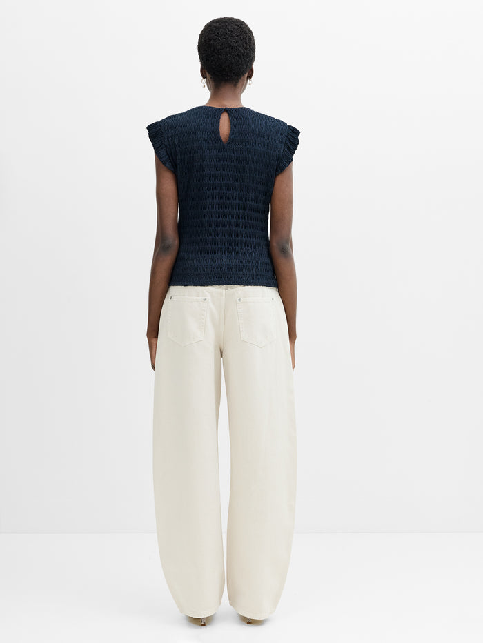 Zinnia Textured Frilled Cap Sleeve Navy Blue Top
