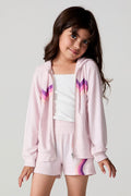 Front view of a girl wearing the Chaser Zip Up Begonia Hoodie on a neutral background