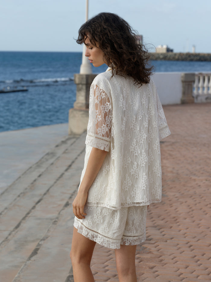 Zoe Lace Cream Short Sleeve Button Through Shirt
