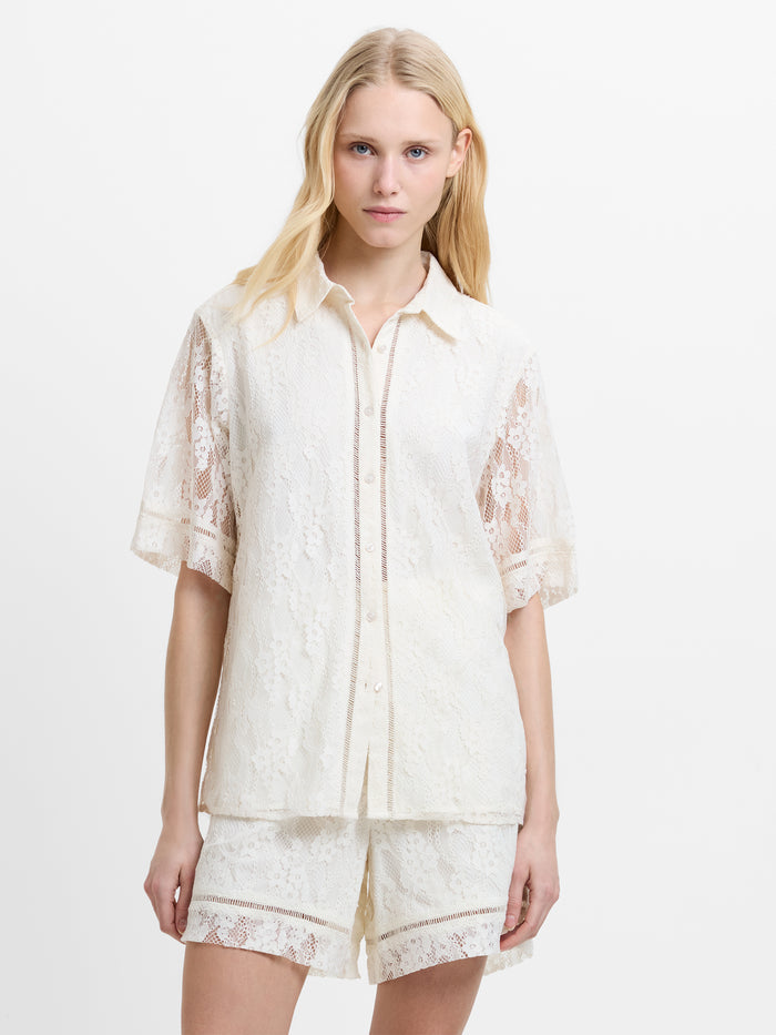 Zoe Lace Cream Short Sleeve Button Through Shirt